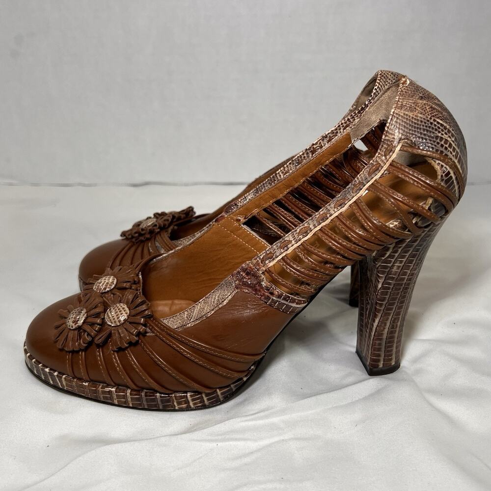 Isabella Fiore Heels Size 7.5 Brown Leather Snakeskin Embossed Flower *Altered - Picture 3 of 15